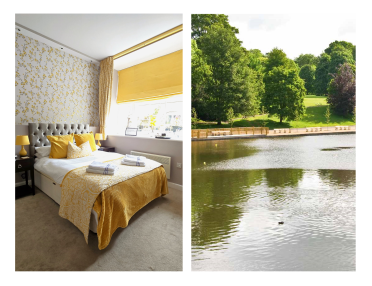 Left: Hotel room with yellow and white decor, bed, and window. Right: Park view with a calm pond and green trees.