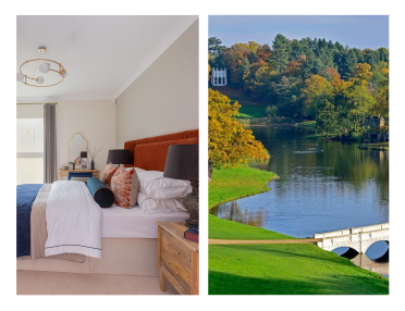 Left: A bedroom with a bed, pillows, and a bedside table. Right: A scenic riverside view with a white bridge and trees.