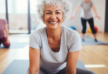 Smiling woman with curly gray hair in a fitness class, wearing a gray shirt, on a yoga mat in a bright room. Other participants are blurred in the background.