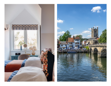 Split image: left side shows a modern bedroom with double bed and window; right side features a riverside town with historic architecture and a stone bridge over the water.