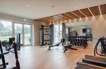 A modern gym with exercise machines, weights, and workout benches. Large windows and a mirrored wall enhance the spacious interior.