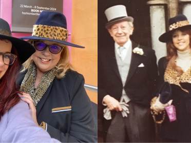 Mrs Cox in her Biba hat in 1972 and in 2024 Audley owner and granddaughter in Biba hats