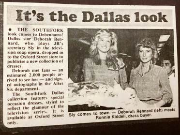 Ronnie Benatar  Newspaper clipping featuring two women standing in clothing store, with text about Dallas TV show attire available at a store event, where an actress meets fans and signs autographs.