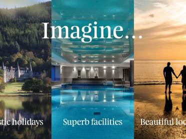 Imagine... Collage: castle by a forest, indoor pool, couple walking on beach at sunset. Text: "Imagine... Fantastic holidays, Superb facilities, Beautiful locations.